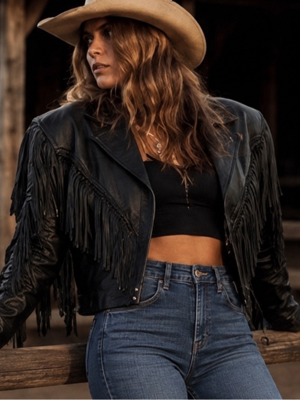 Vintage UNIK Leather Fringe Jacket Black Western Power Shoulder Zip M